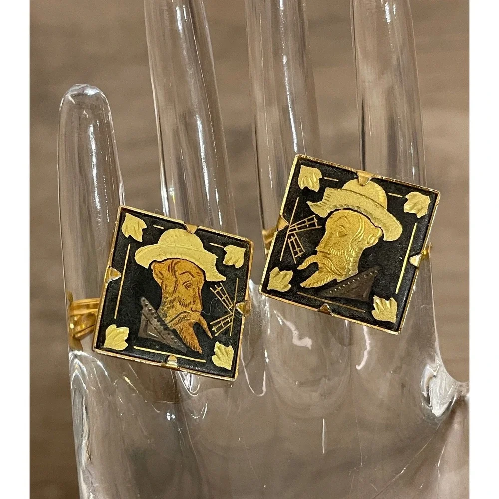 Vintage Cufflinks Don Quixote Damascene Gold Black Spanish Style Elegant Wedding